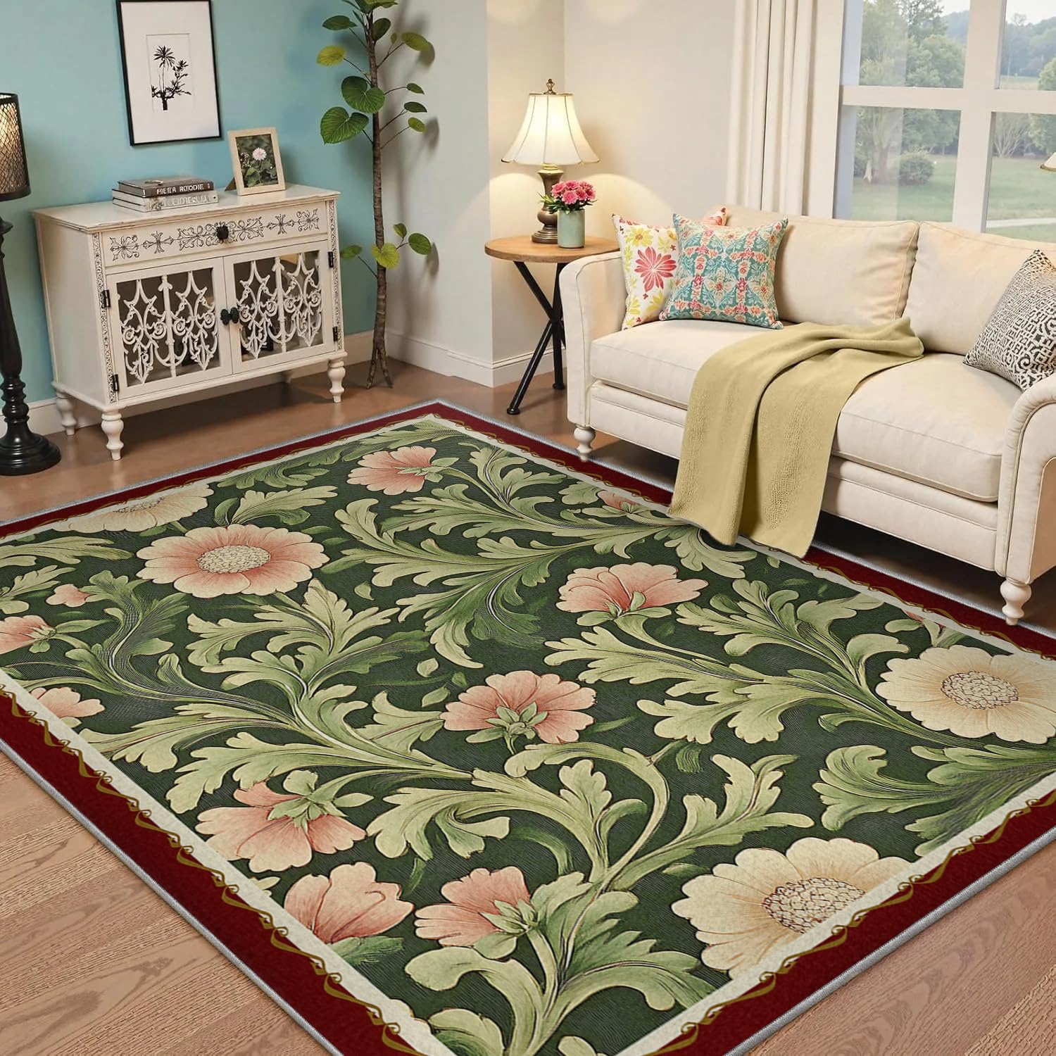 Tapis lavable salon 160x220 vert vigne style victorien à poils bas pour grande salle à manger