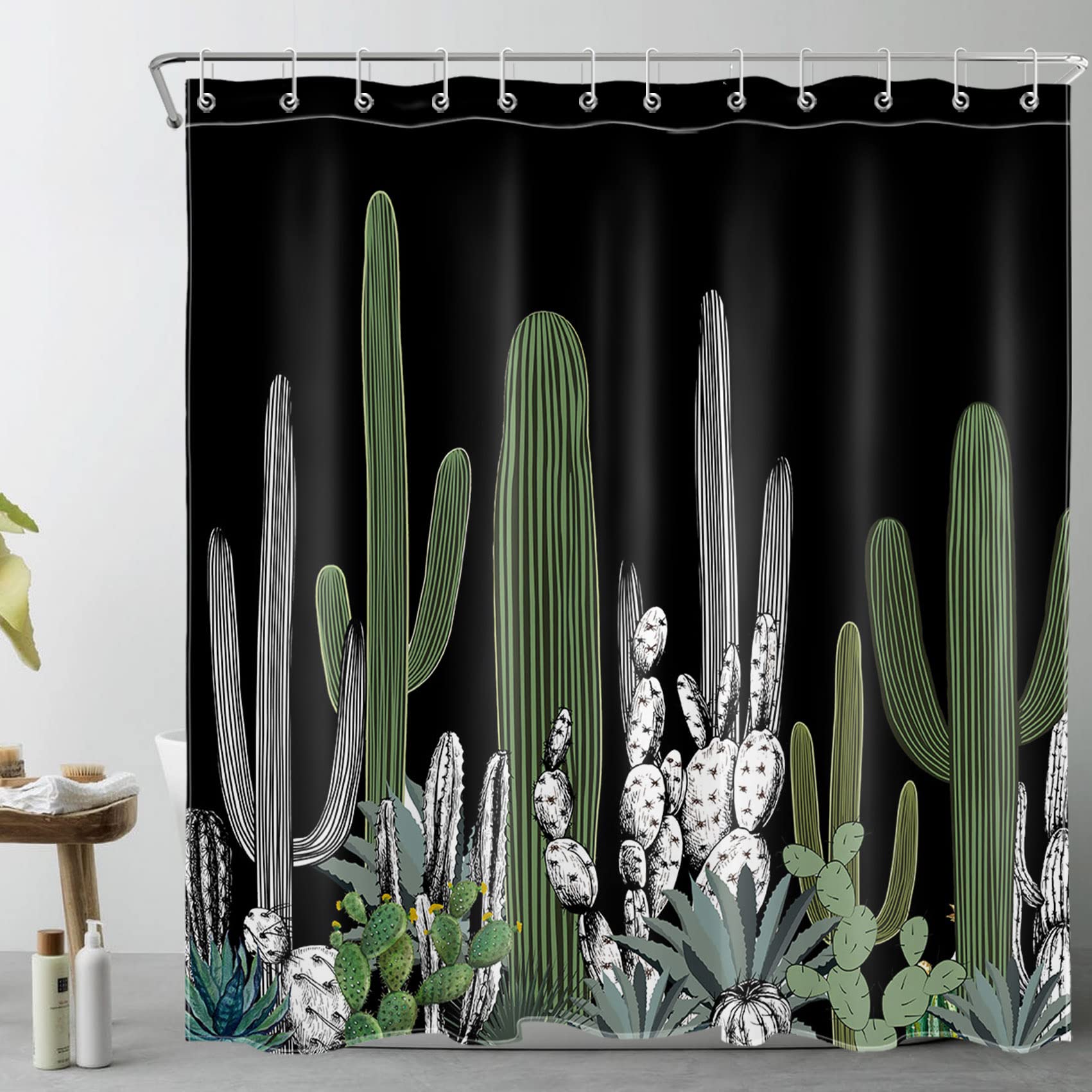 MEUNEAR Tropical Cactus Shower Curtain with Hooks, Green Succulent Botanical Cactus on Black Shower Curtain for Bathroom, Desert Sage Green Plant