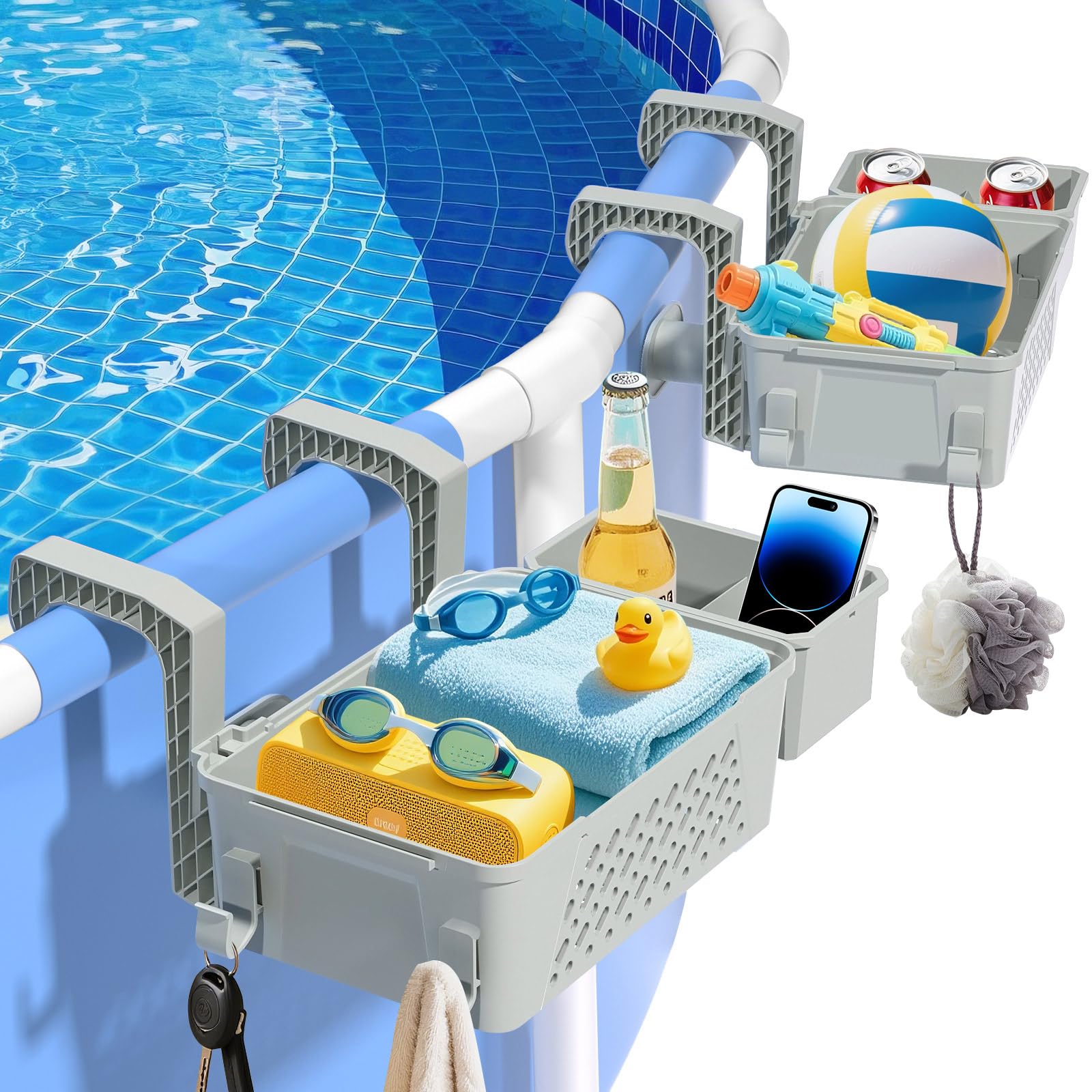 Photo 1 of ?2026 Upgrade?2-Pack Poolside Storage Basket with Cup Holder, Above Ground Pool Accessories, 3-in-1 Swimming Pool Hanging Storage Baskets to Organize Cups & Towels, Fits 3 Inch or Less Top Rail(Grey)