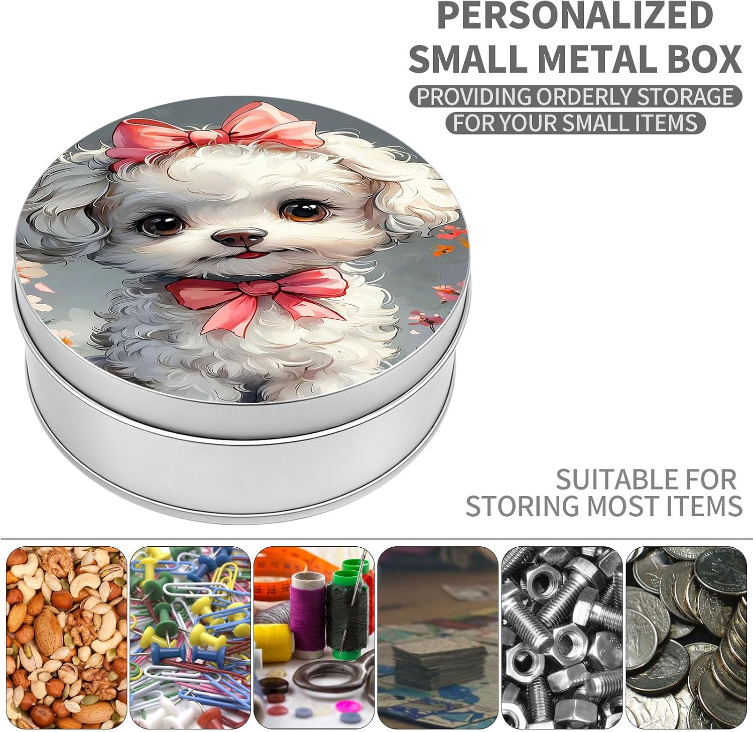 Decorative Round Metal Tin Box, Cute White Puppy with Bows Small Storage Container with Lid for Jewelry, Candy, Crafts & Travel, 3.54"x1.38" Aesthetic Keepsake Gift Box image 2