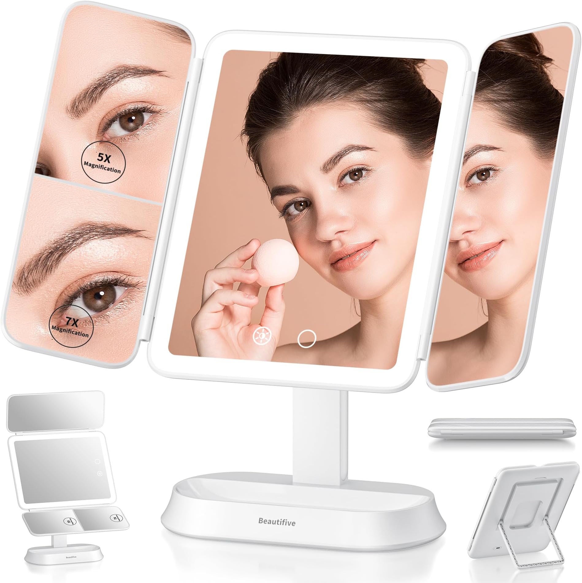 Lighted Makeup Mirror, 100 Led 7X/5X/1X Travel Magnifying Mirror With Light | 3 Color Lights, Stepless Dimming, Touch Control, Usb Charging, Portable Detachable Travel Makeup Mirror For Travel Home Gifts