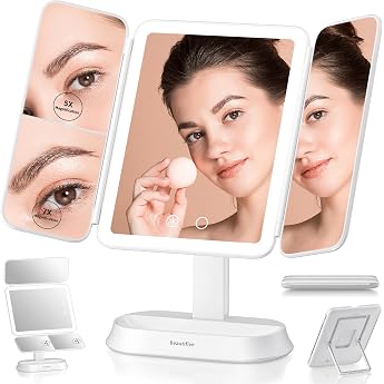 Actress Mirror, Three-Sided Makeup Mirror with LED, Foldable Magnifying Mirror, Adjustable Angle, Tabletop Mirror, 1/5/7x Magnification, 3-Color Lighting, Brightness Adjustment, USB