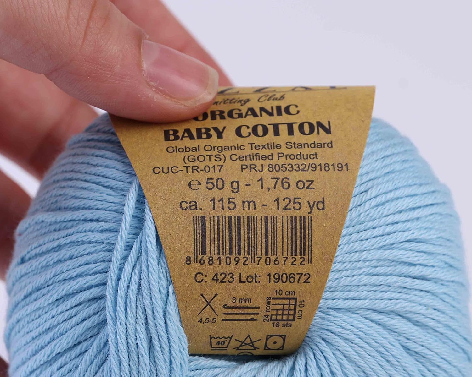 3 Ball (Pack) Gazzal Organic Baby Cotton Yarn, Total 5.28 Oz.100% Organic Cotton, Each 1.76 Oz (50g) / 125 Yrds (115 m), 3 Light DK, Global Organic Textile Standard Certified (Baby Blue - 423, 3 Pack)