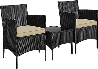 Yaheetech Balkonmöbel Set, Gartenmöbel-Set 3TLG. aus PE-Polyrattan inkl. 2 Stühle mit Sitzkissen & Balkontisch, Terrassenmöbelset Gartensitzgruppe Lounge Set für Balkon Terrasse Garten, Schwarz-Khaki