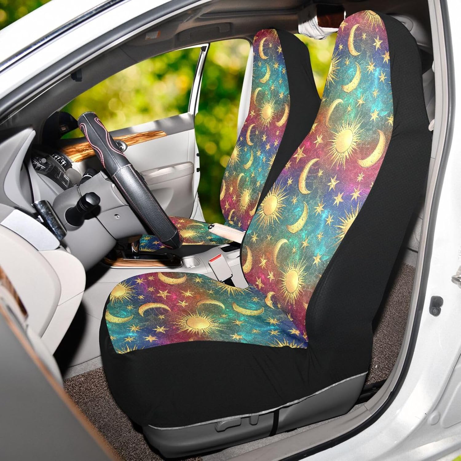 ALAZA Gold Moon Star Sun Rainbow Color Car Seat Covers Front Seats Only for Women Men Seat Covers w/Organizer Pocket for Cars SUV Truck Sedan