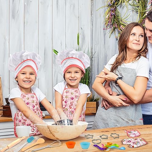 Miniatura 7 de Juego real de cocina y horneado para niños - 24 piezas, conjunto de disfraz de chef para niños, incluye delantal de pastel, gorro de chef, manopla