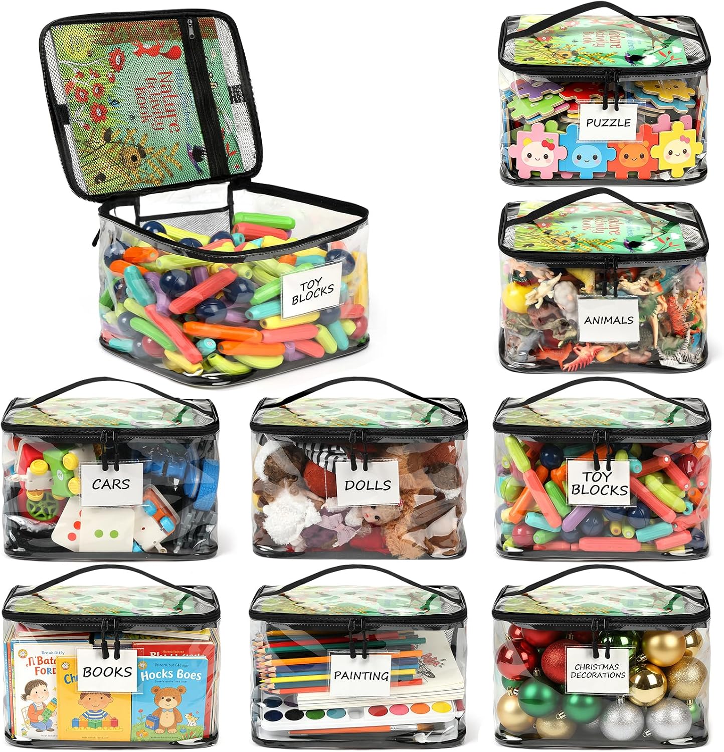 8 Pack Extra Large Clear Toy Storage Bags with Name Tag and Manual Pocket Waterproof Transparent PVC Toy Organizer Bags with Zippers and Labels for Building Blocks Puzzle Kids Books Dolls(Bag Only)