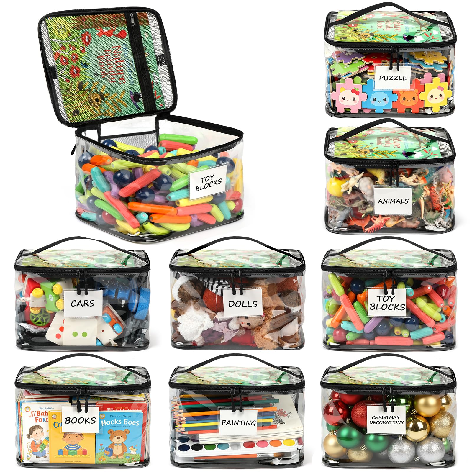 Paquete de 8 bolsas de almacenamiento de juguetes transparentes extragrandes con etiqueta de nombre y bolsillo manual, bolsas organizadoras de juguetes de PVC transparente impermeables con cremalleras