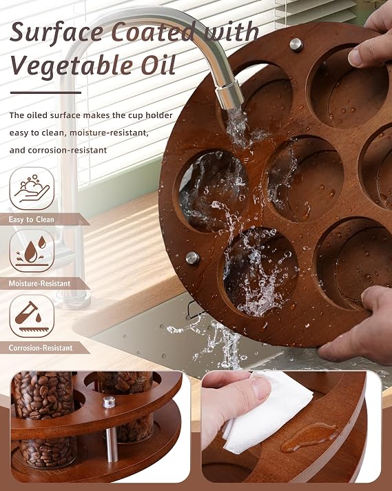 Rotating Wood Tumbler Organizer, 30 oz 40 oz Spinning Turnable Tumblers Holder, 360 Rotatable 7 Large Cups Bottle Tumbler Storage Display Stand, Rotate Syrup Organizer for Cabinet Countertop