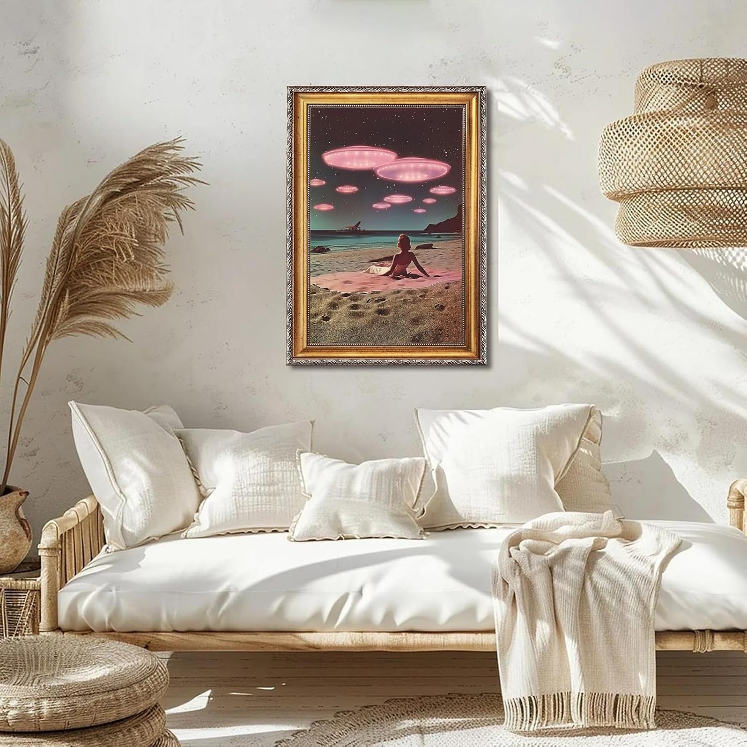 Retro UFO Beach Wall Art Canvas Print Surreal Alien Seaside Encounter Poster Painting Vintage Sci-Fi Artwork Framed Eclectic Trippy Spaceship Picture Wall Decor for Living Room Office Cafe 12x16inch