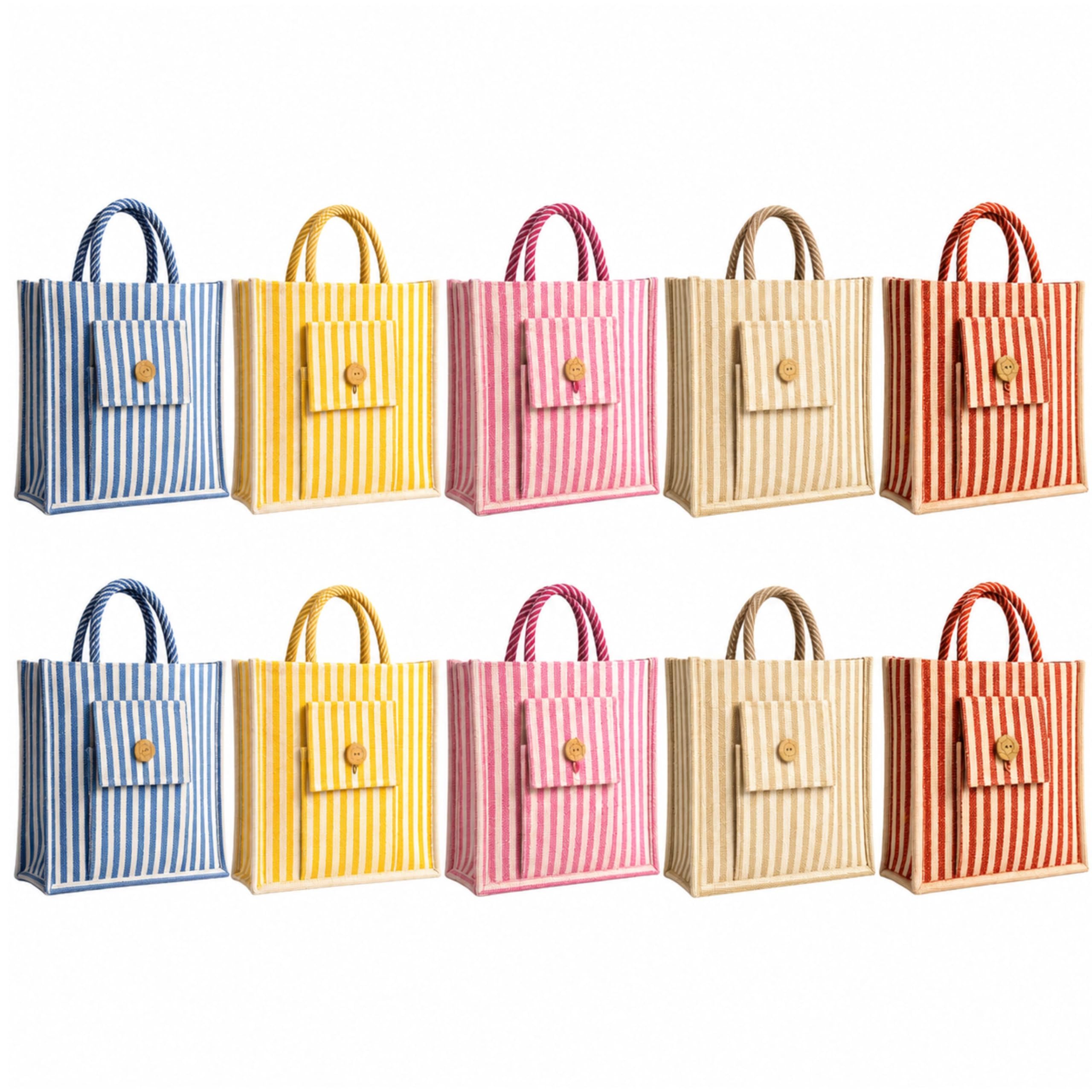 cantainoo Jute Bags for Return Gifts | Return Gift Bags | Eco-Friendly Reusable Jute Bags for Gifting, Shopping & Daily Use (10, MultiColored-Pocket_Stripe - Zip)