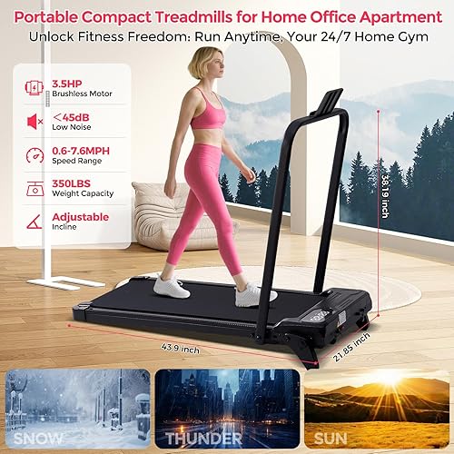 Miniatura 4 de Caminadora compacta con barra de asa, 3.5 HP portátil eléctrica pequeña caminadora con asas para espacios pequeños en el hogar, capacidad de 350