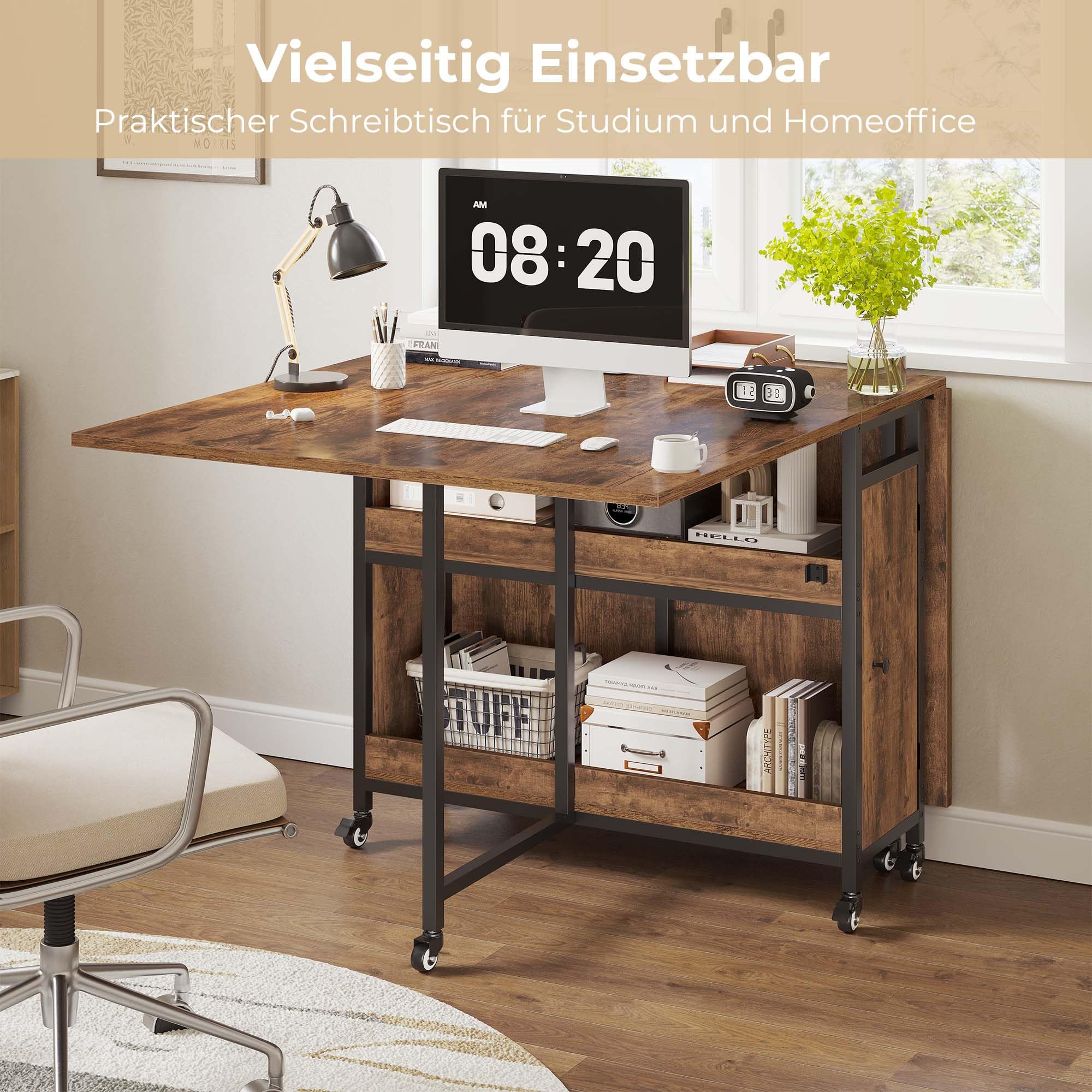 HSH Klappbarer Esstisch Klapptisch Küche Mit Stauraum für Küche Küchentisch Klappbar mit 2 Regalen und Rollen Mobiler Tish Platzsparender für Wohnzimmer Wohnung Rustikales Braun 130cm