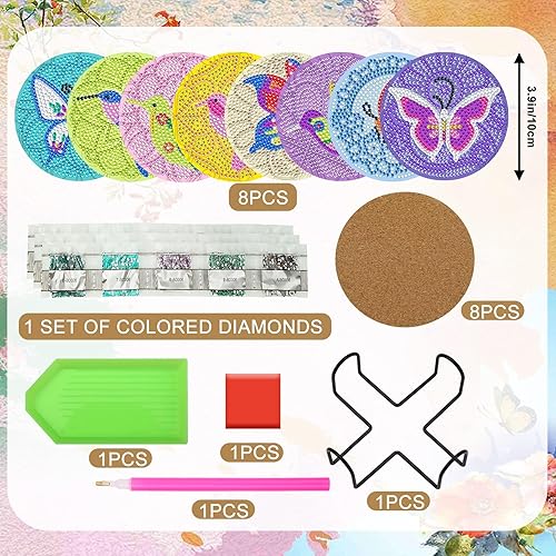 Miniatura 9 de UPINS 8 posavasos de arte de diamante de Acción de Gracias con soporte, kits de arte de pavo de diamante para adultos, niños, principiantes,