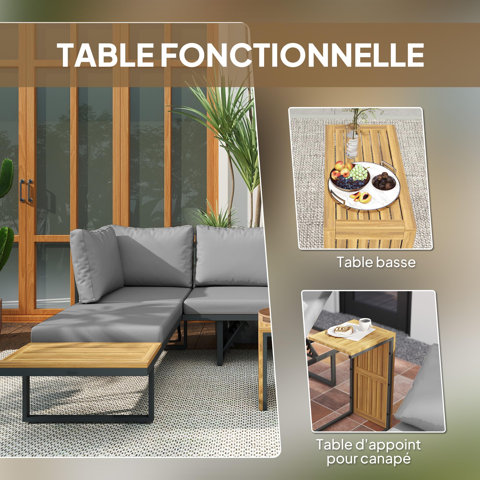 Outsunny Salon de Jardin extérieur d'angle 6 Places modulable en Bois d'acacia avec canapés et Table Basse, Dossier Ajustable, Coussins Inclus, chaises Longues pour terrasse Patio Jardin, Gris
