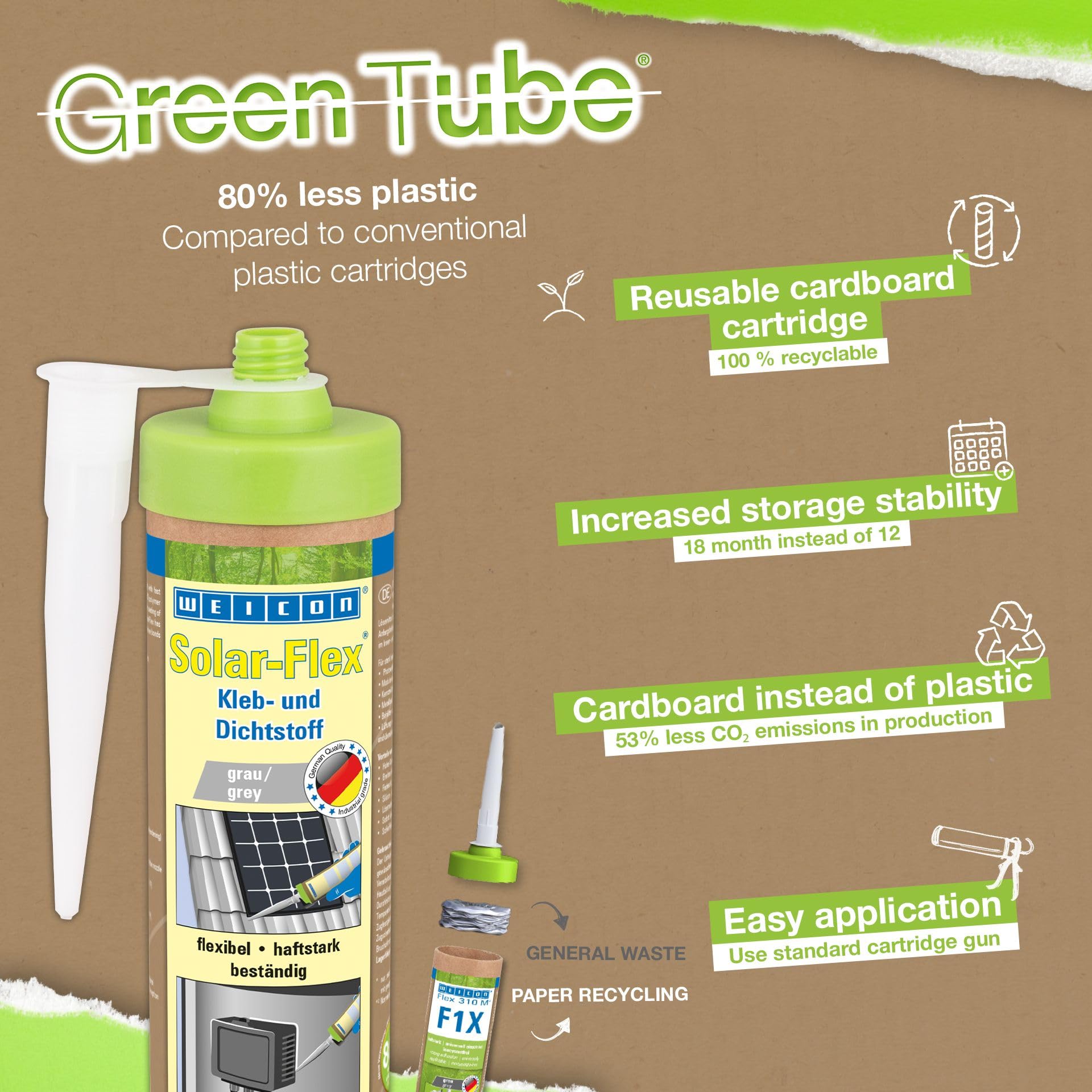 WEICON Green Tube Set Solar Flex, 280 ml, colla solare per pannelli solari, 100% cartuccia di carta riciclabile, riutilizzabile, bianco