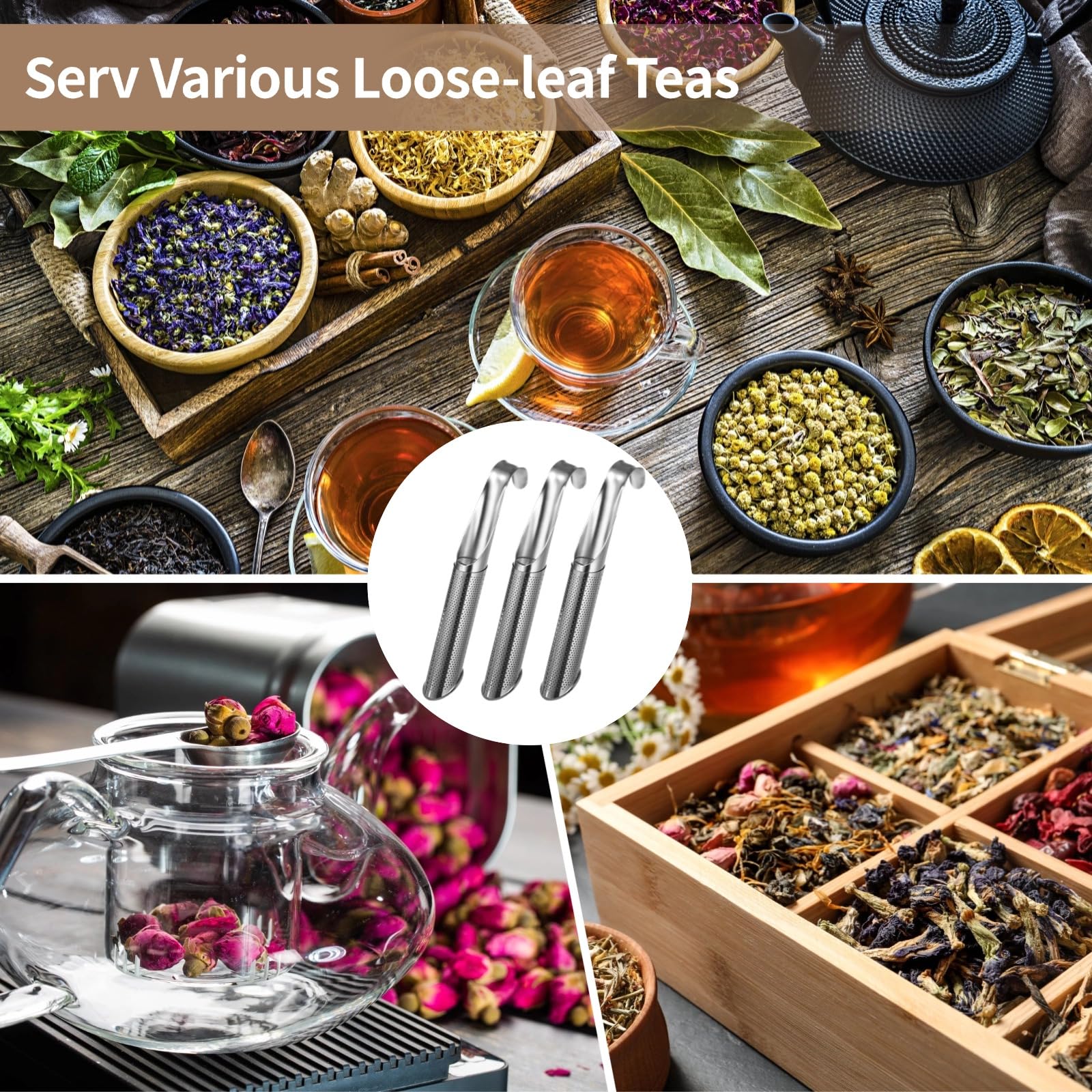 Tee-Ei aus Edelstahl, feinmaschiges Tee-Ei für losen Tee, Tee-Ei, Set mit langem Griff, Teefilter mit Haken, Edelstahl-Teesieb mit 6 Diffusorhaltern, 2 Pinseln, 6 Stück
