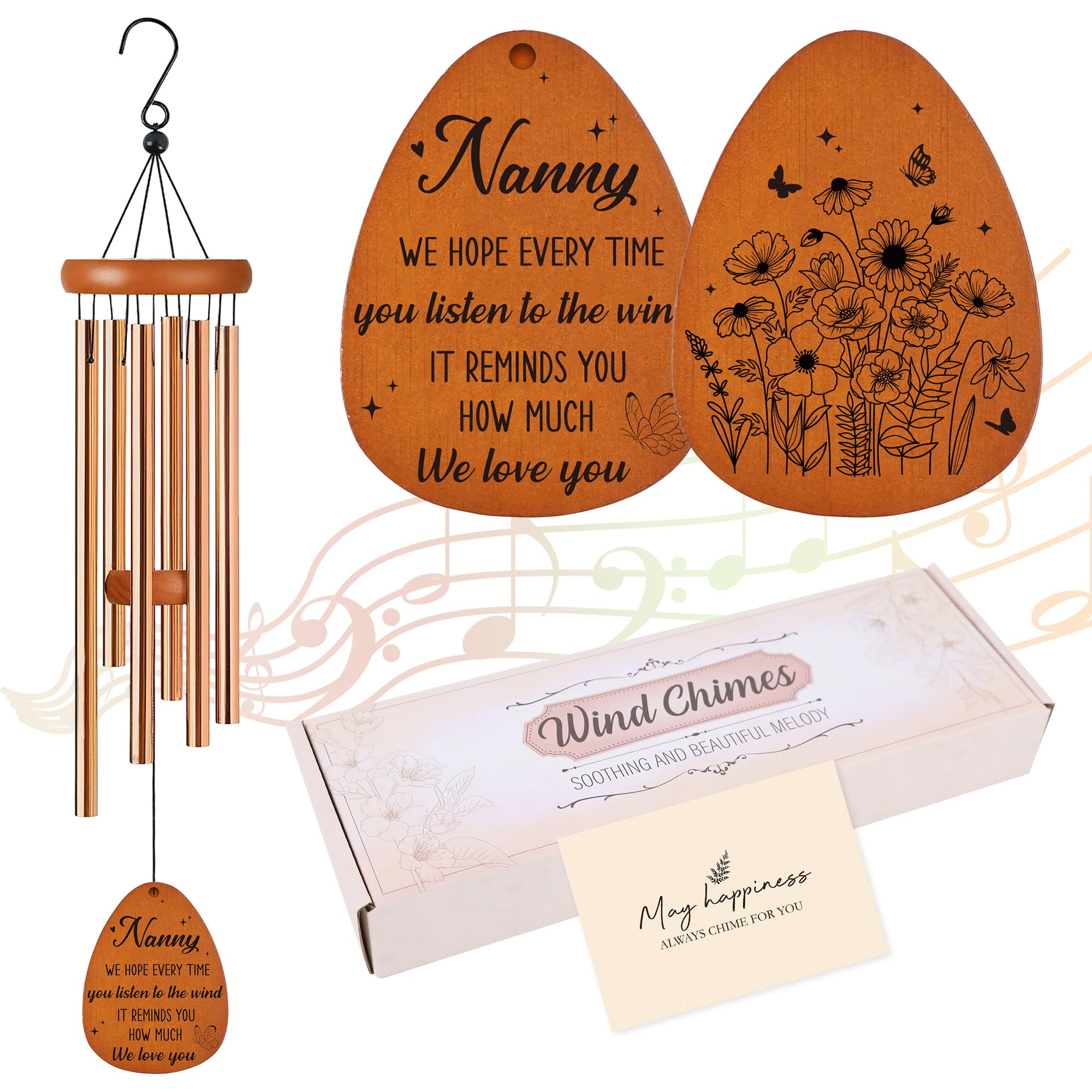 Nanny, Nanny Wind Chimes with “Best Wishes” Message, Gifts for Nana Nan Birthday, Mother’s Day, Thanksgiving, Christmas, Outdoor Decor,25.5 Inches