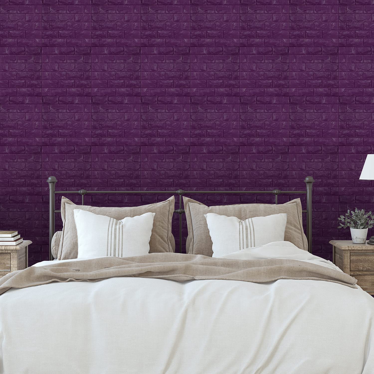 Paneles de pared 3D para despegar y pegar, papel tapiz de espuma de ladrillo sintético, autoadhesivos, paneles de pared de piedra sintética (30 unidades, morado)