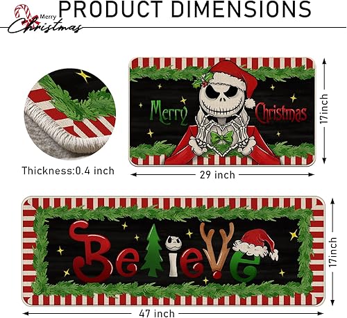 Miniatura 3 de Tailus Juego de 2 alfombras de cocina con texto en inglés Merry Christmas Believe, Christmas Jack Skellington para decoración del hogar, 17 x 29 y