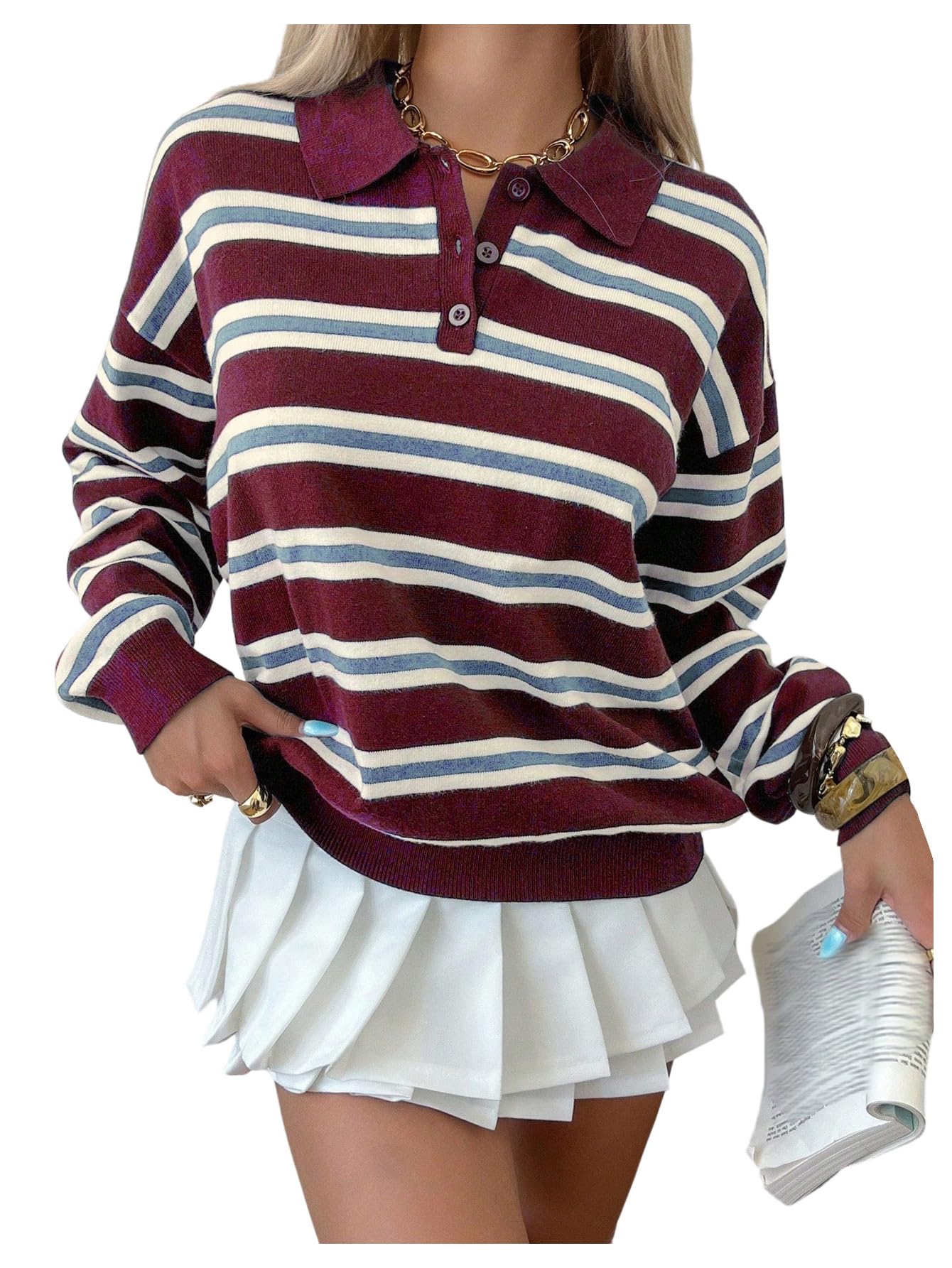 Verdusa Rugby Shirt Preppy Striped Long Sleeve Shirt Women Pullover Sweaters Collared Knit Tops