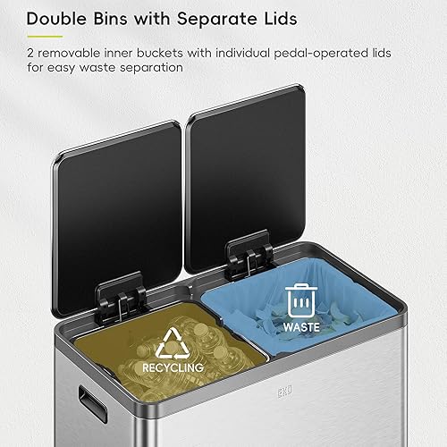 Miniatura 49 de EKO EcoCasa II - Bote de basura doble de 36 L + 24 L con cubo de reciclaje, cubo de basura de acero inoxidable con tapa, compartimento desodorante
