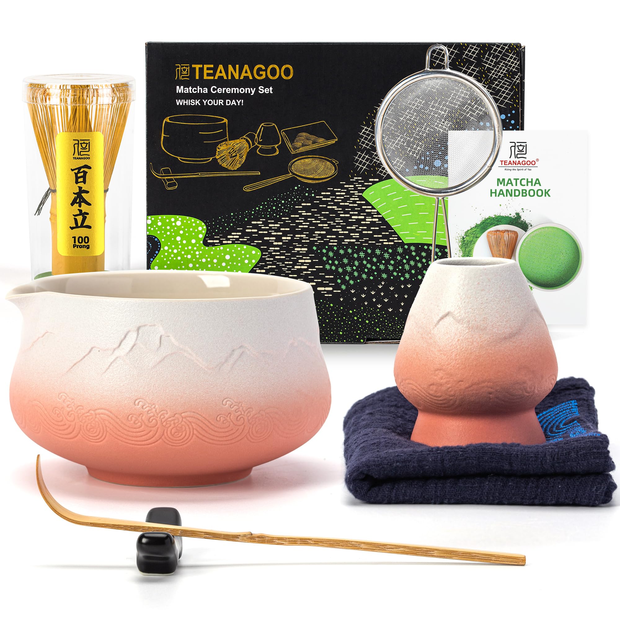 TEANAGOO Japanese Matcha Whisk (7pcs) Matcha Set Mtacha Kit Matcha Bowl with Pouring Spout Bamboo Matcha Whisk (chasen) Scoop (chashaku) Matcha Whisk Holder.N35,Gradient Pink White