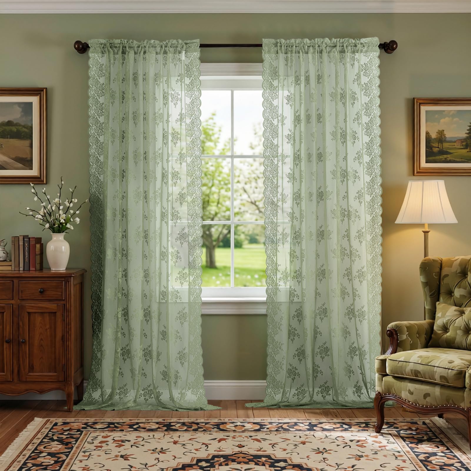 Kotile Sage Green Lace Curtains 84 Inches Long 2 Panels, Country Rustic Floral Design Green Spring Curtains for Living Room, Rod Pocket Privacy Sheer