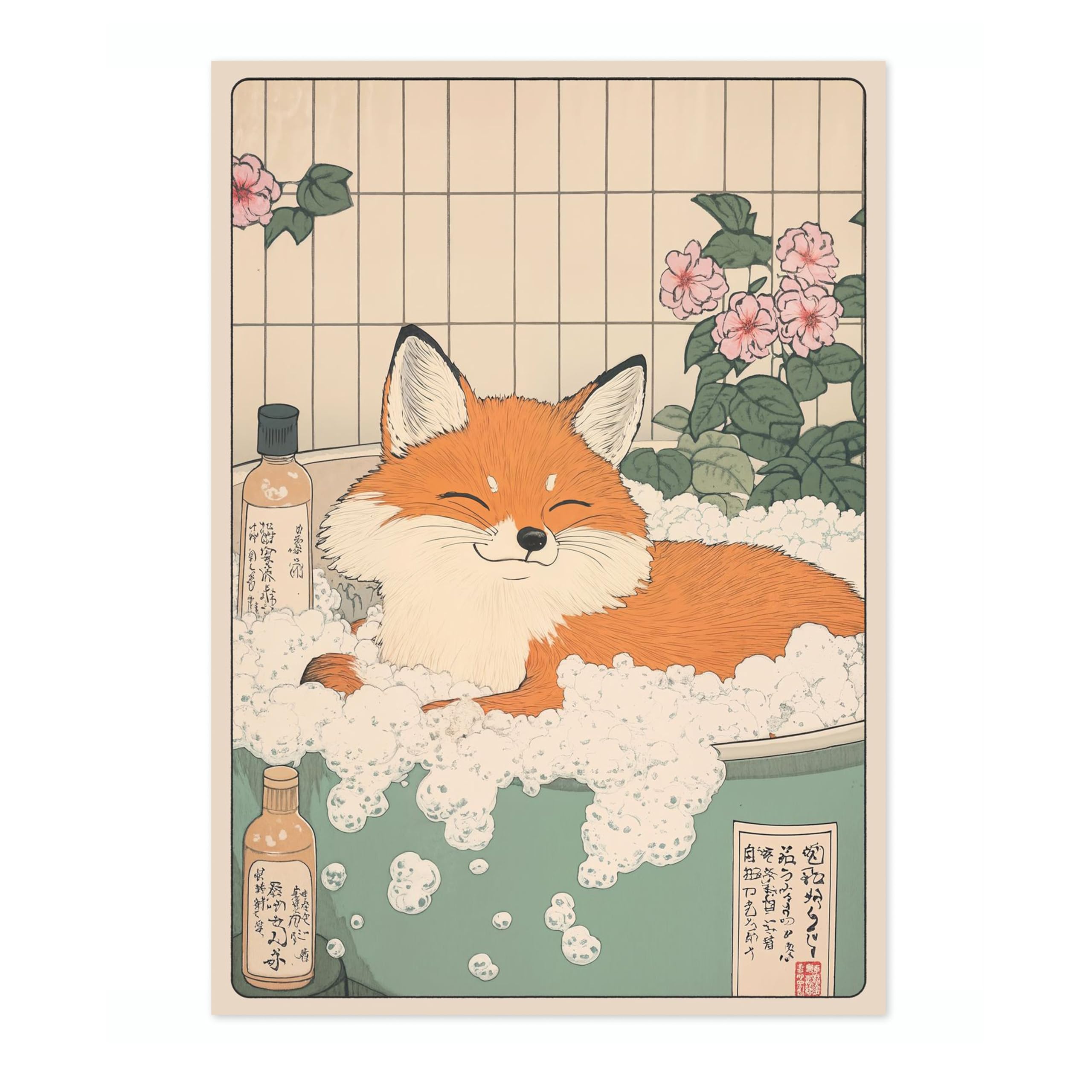 Fox Bathtime Anime Animal Poster, Funny Bathroom Wall Art Print, Manga, Bathroom Wall Art, Toilet Decor, 50x70cm (Print Only) - 50x70cm — image 1