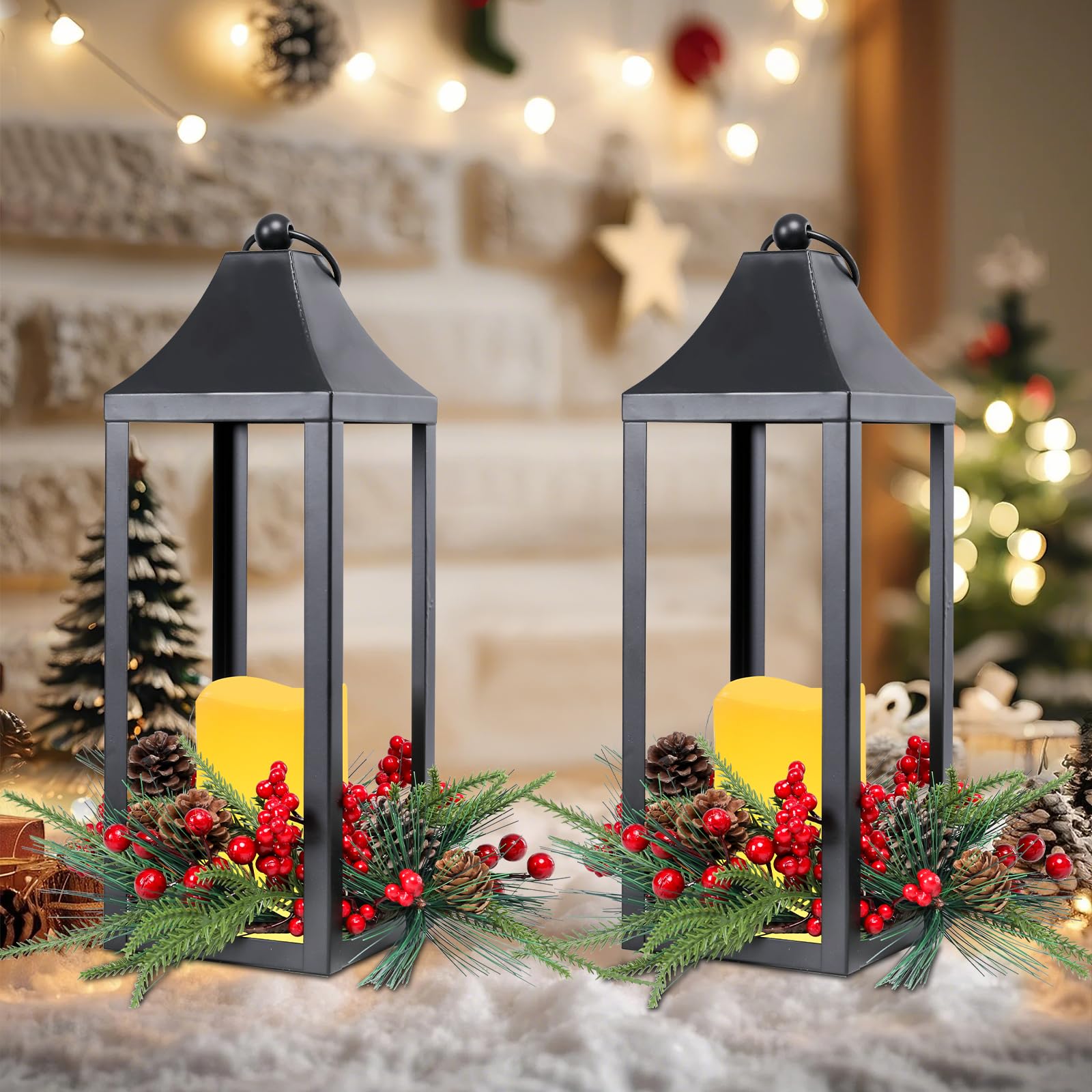 Lot de 2 lanternes de Noël décoratives pour intérieur, extérieur, 40,6 cm, lanternes à bougie décoratives sans flamme avec pommes de pin et baies pour centres de table, maison, porche