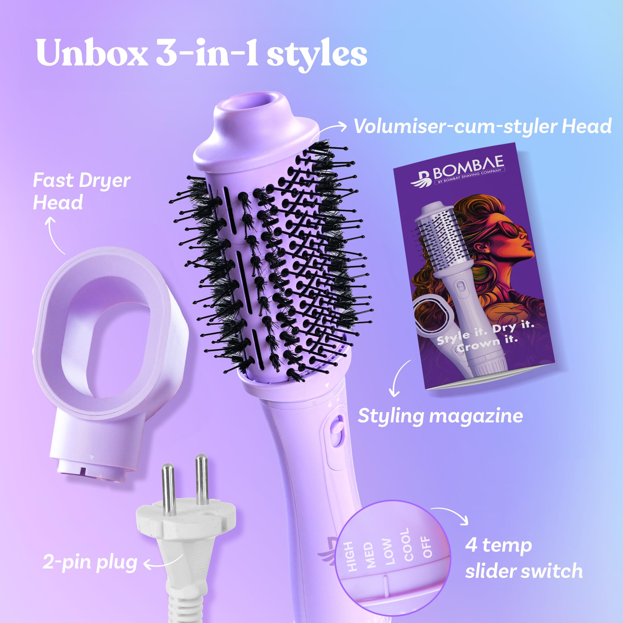 BOMBAE Hairess lonic 3-in-1 Hot Air Brush Dryer, Curl, Volumizer & Straightener | 1200W Power, Ceramic-Coated, 360° Airflow & Cool Shot for Frizz-Free Styling - Image 7 thumbnail