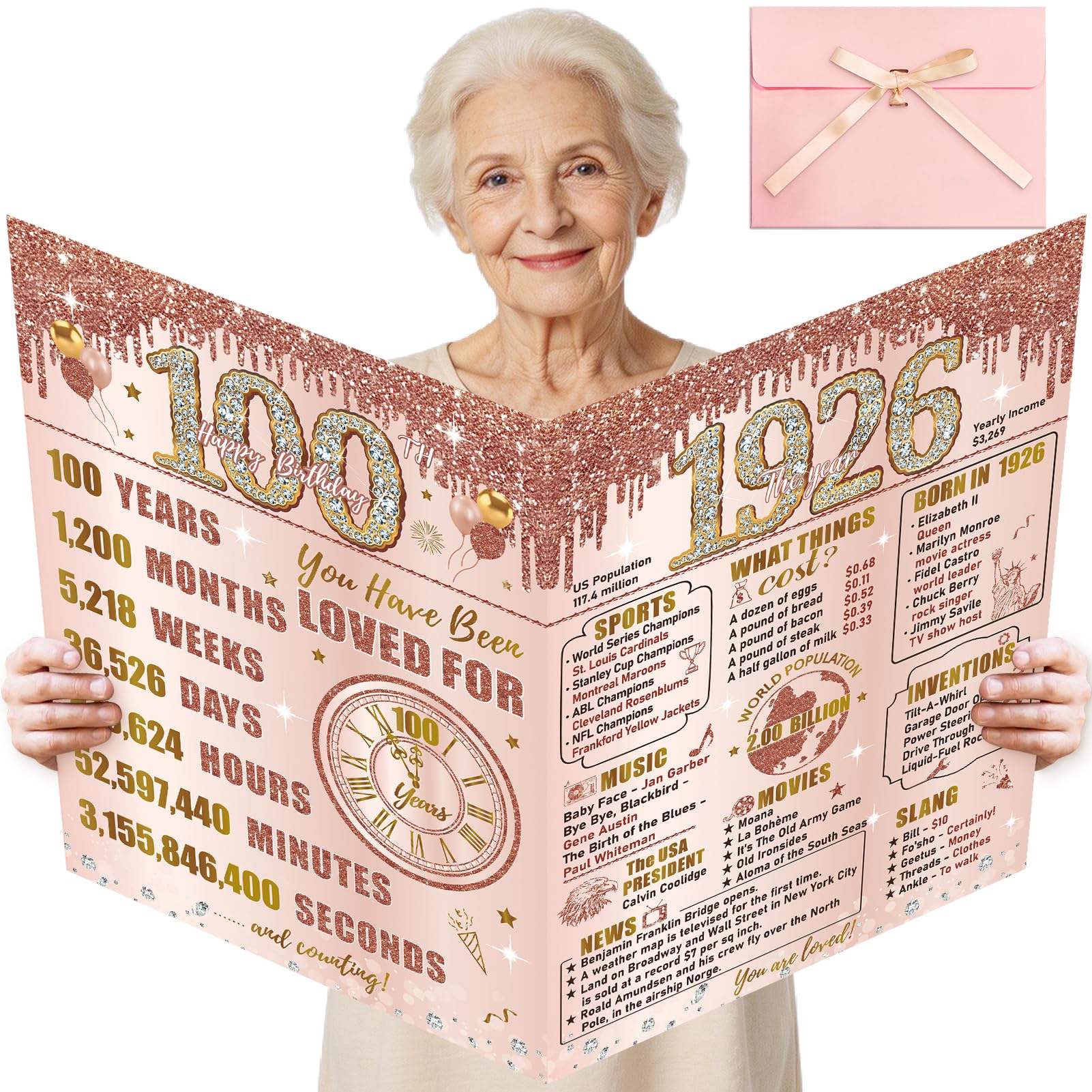 Turypaty Large 100th Birthday Card With Envelope for Women, Pink Rose Gold The Year 1926 Happy 100th Birthday Giant Guest Signature Book Gift, Extra Big 1926 100 Greeting Card Decoration Party Supply — image 1