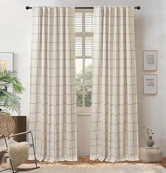 DriftAway 100% Blackout Windowpane Plaid Linen Curtains Double Layer Farmhouse Drapes 96 Inches Long for Living Room Bedroom Yarn Dyed Woven Thermal Insulated Rod Pocket Back Tab 2 Panels Navy Blue