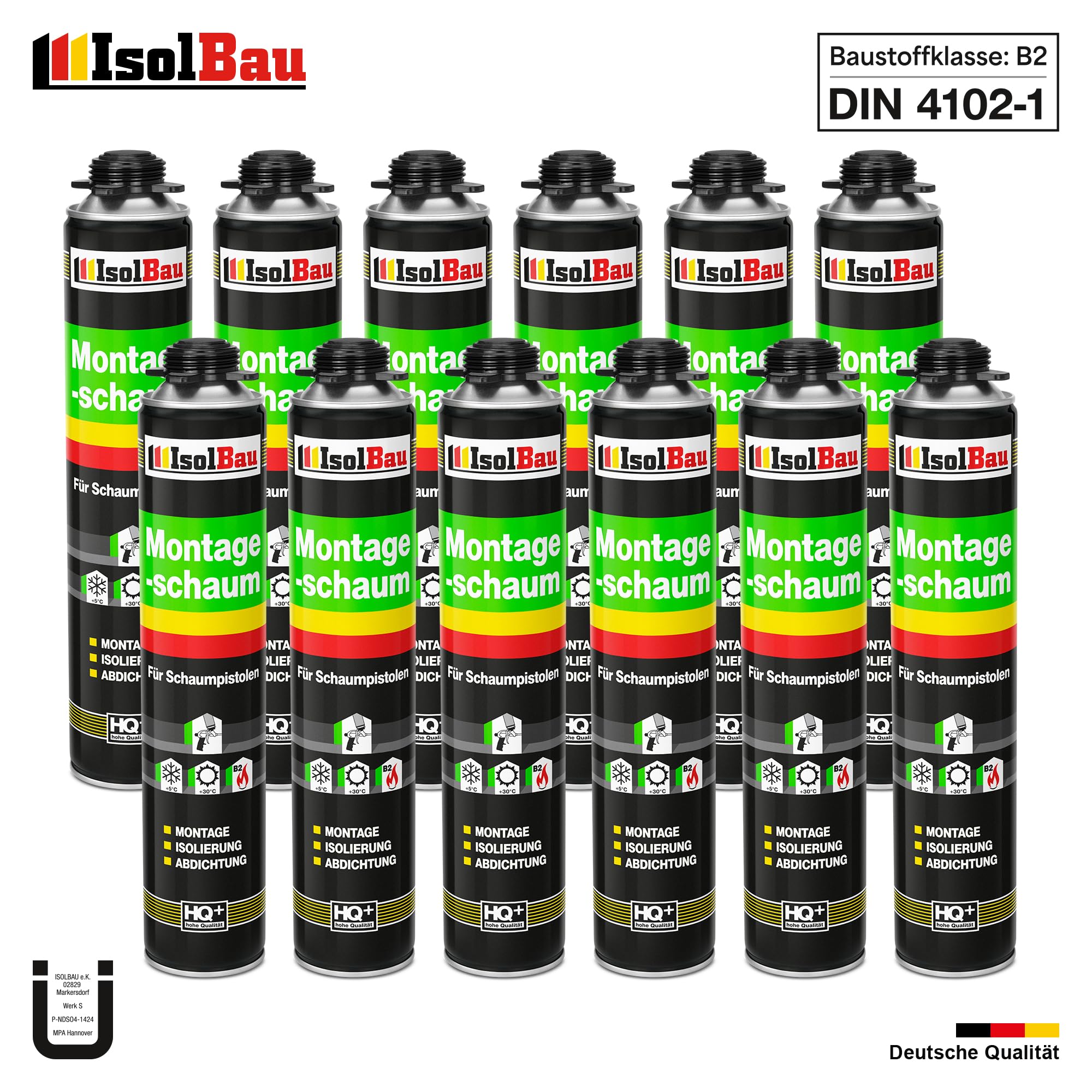 Isolbau - Bauschaum Montageschaum 12 x 750 ml PU-Schaum 1K Pistolenschaum Zargenschaum - Isolierung Abdichtung für Innen und Außen