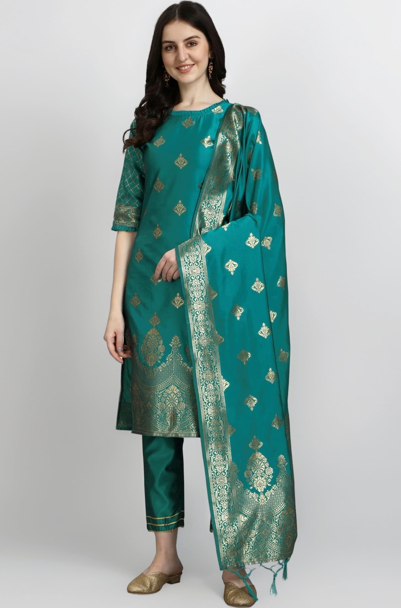 Women's Cotton Silk Jacquard Kurta Pant with Dupatta Set