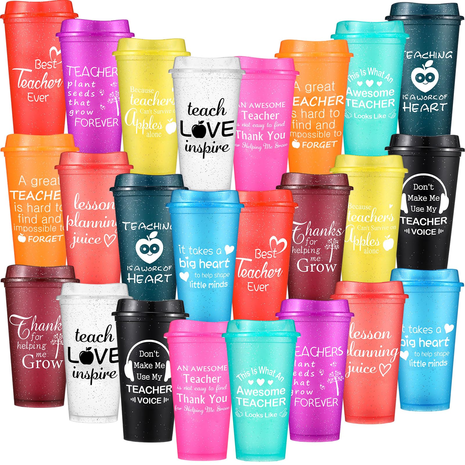 Funnymoom 24 Pcs Teacher Appreciation Gifts Christmas Thank You Gift for Teacher Employee 16 oz Plastic Coffee Cup with Lid Inspirational Travel