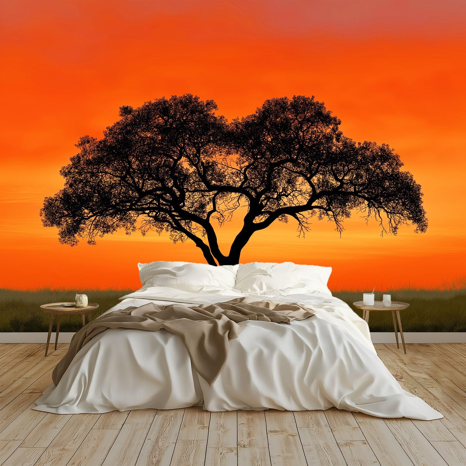 Générique Panoramiczna tapeta Minimalistyczna Krajobraz Drzewa Blask 3D 200 x 140 cm, włóknina XXL Nowoczesna dekoracja ścienna Salon Sypialnia Biuro Pokój dziecięcy, pomarańczowa