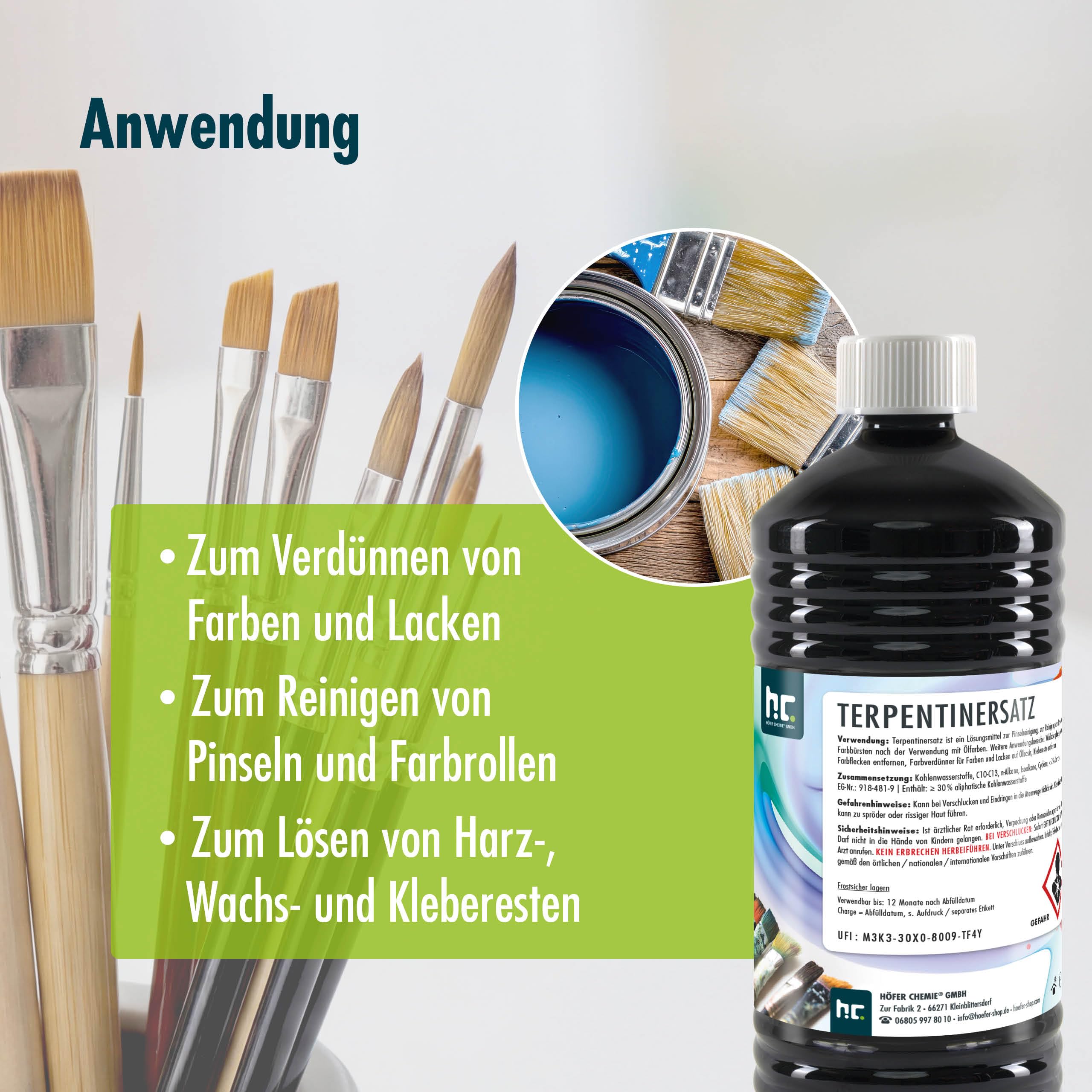 Höfer Chemie Terpentin-Ersatz 15 x 1 L – Universal Lösungsmittel zur Reinigung von Pinseln, Farbrollen & Bürsten, Entfernt Farbflecken, Harz & Kleberückstände