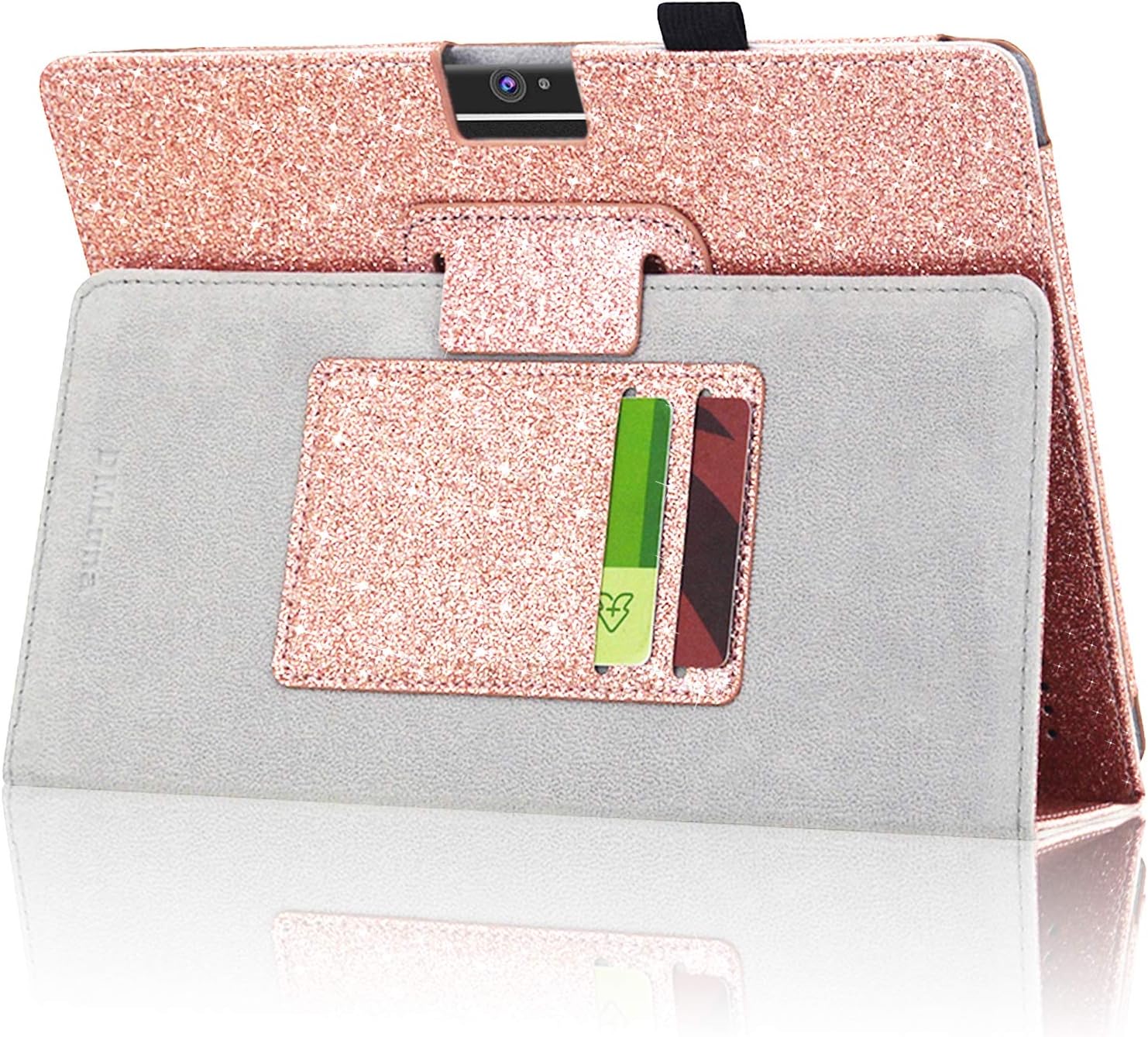 DMLuna Case for Dragon Touch 10 inch K10, Notepad K10, Max10, ZONKO K105 10.1 Tablet, Premium Leather Case for Lectrus 10.1, Victbing, Hoozo, Winsing 10 with Hand Strap Card Slot, Glitter Rose
