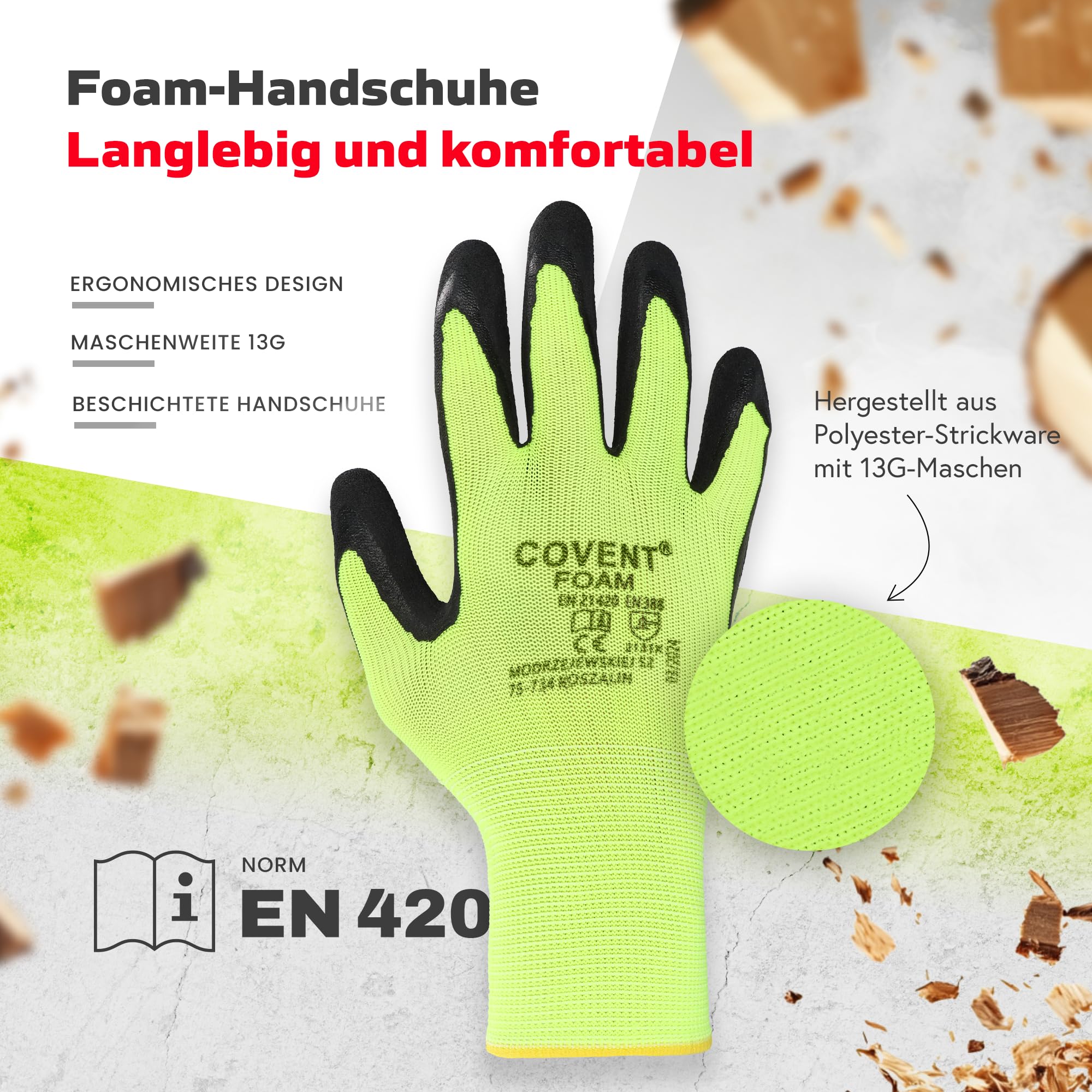 Covent FOAM Guantes de trabajo para hombre, talla 10, juego de 120 unidades, guantes de montaje, categoría II, EN388, guantes de construcción para constructores, mecánicos y montadores