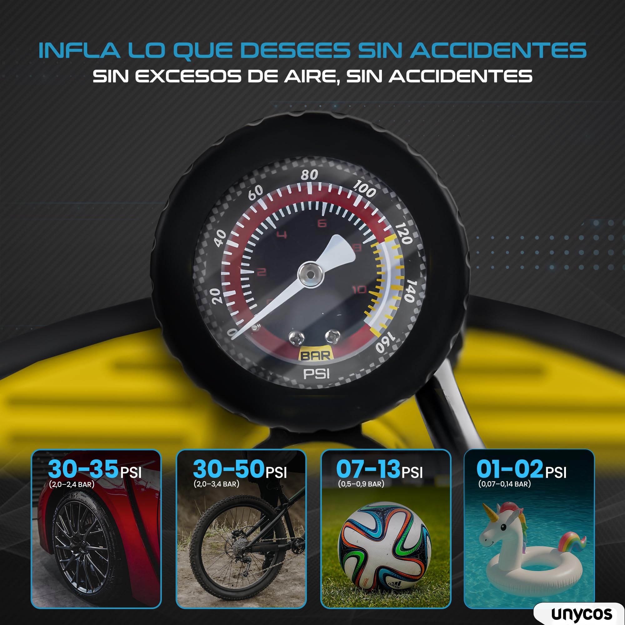 unycos - Bomba de Bicicleta con Manómetro de Alta Presión y Válvulas【Presta | Schrader】 160 PSI/11 Bar | Inflador de Ruedas, Neumáticos, Pelotas, Flotadores, Anillos de Natación, 63x23 cm - 4
