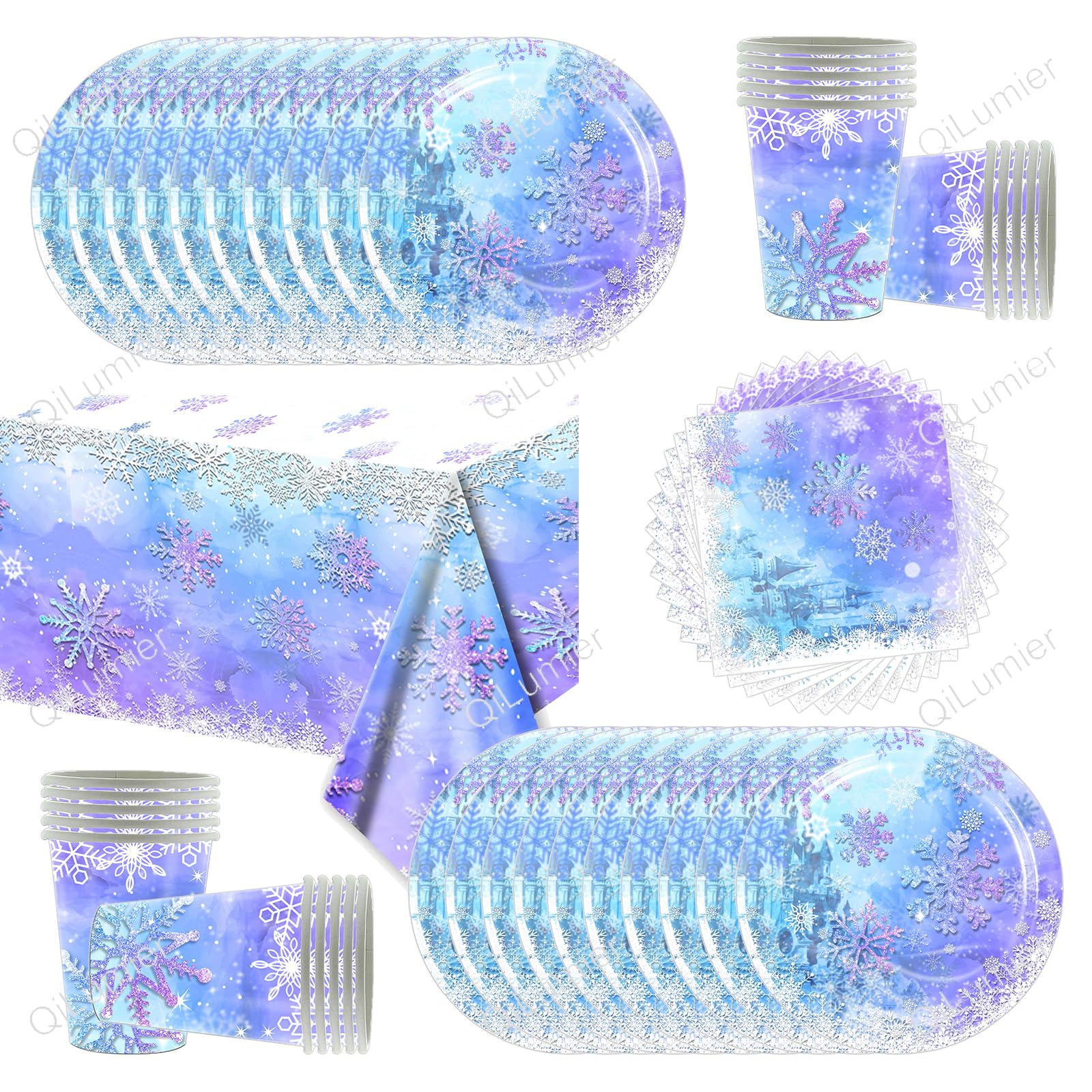Frozen Stoviglie per feste, 61 pezzi Fiocchi di neve Stoviglie per compleanni per bambini, Tema neve e ghiaccio Set di piatti di carta per feste, Compresi bicchieri, tovaglioli e tovaglie