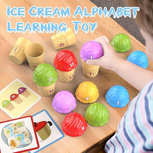 Miniatura 6 de Juguetes de aprendizaje de helado del alfabeto, clasificación de color del alfabeto ABC, juguetes Montessori de cognición fónica para niños