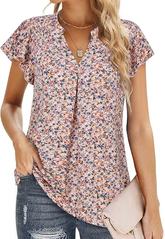 VALOLIA Womens Chiffon Blouse Ruffle V Neck Short Sleeve Summer Shirt Tops