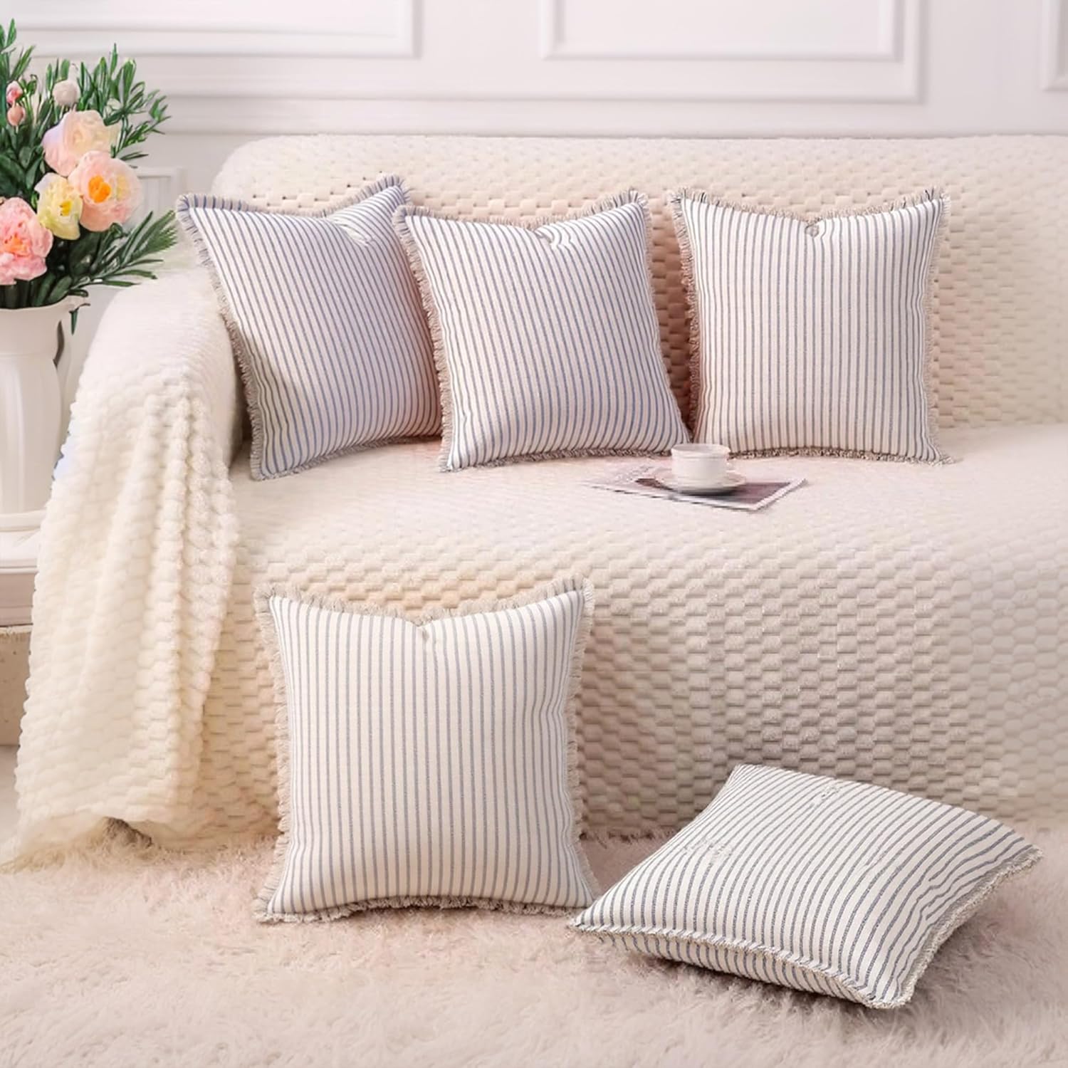 2 Pcs Classical Striped Throw Pillow Cover with Tassels Fringe Boho Decoration Cushion Cases for Home 20 x 20 Inch Black