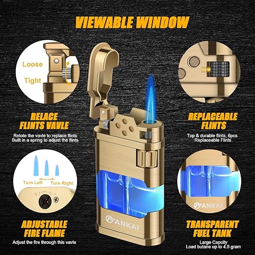 Miniatura 2 de FANKAI - Encendedor de butano con luz LED, encendedor de butano de un solo chorro con 6 pedernales reemplazables, encendedores fríos recargables con