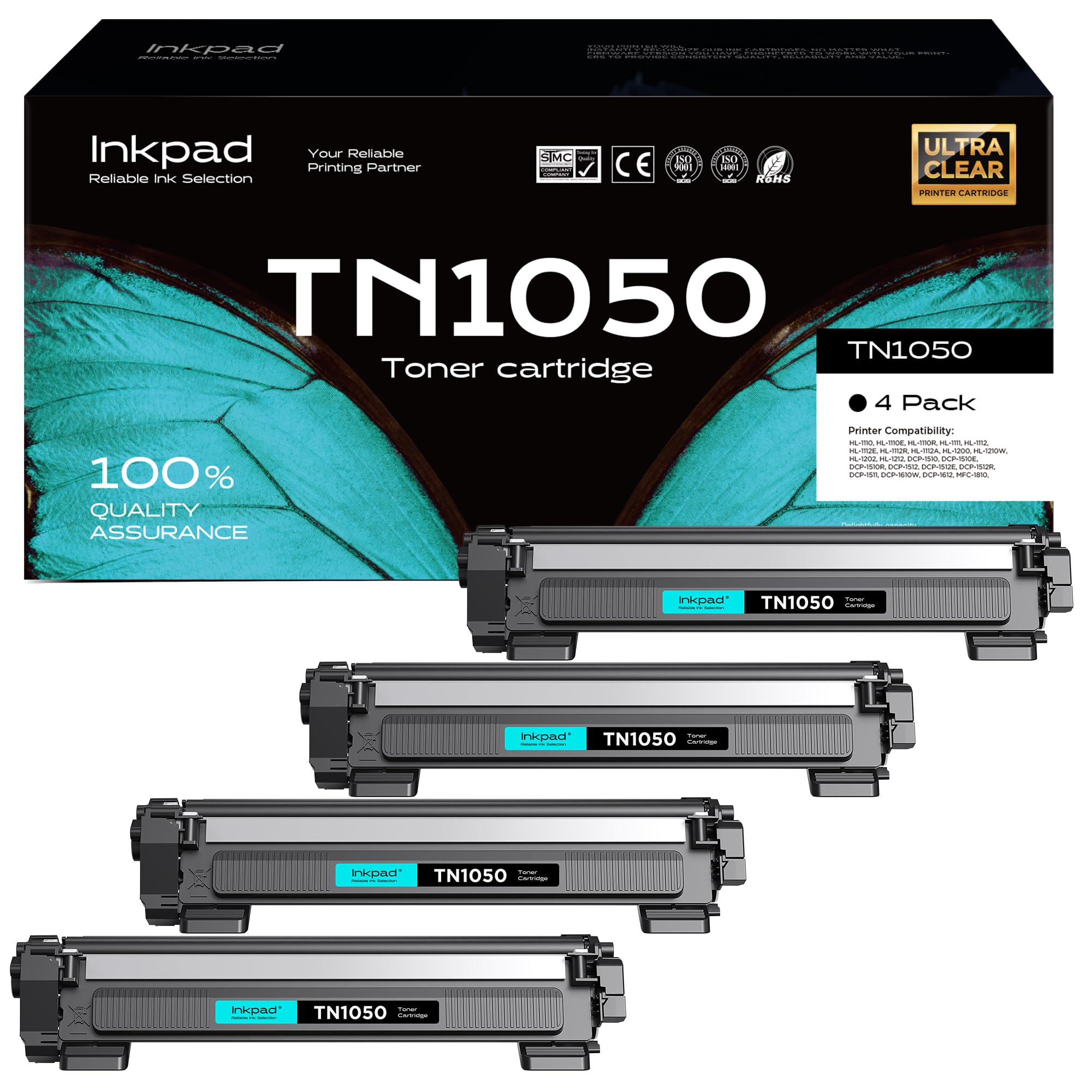 iNKPAD TN1050 TN-1050 Cartucce Toner Compatibili per Stampanti Brother DCP-1612W MFC-1910W HL-1110 HL-1212W DCP-1610W HL-1210W DCP-1512 HL-1112 MFC-1810 DCP-1510 (4 Nero)
