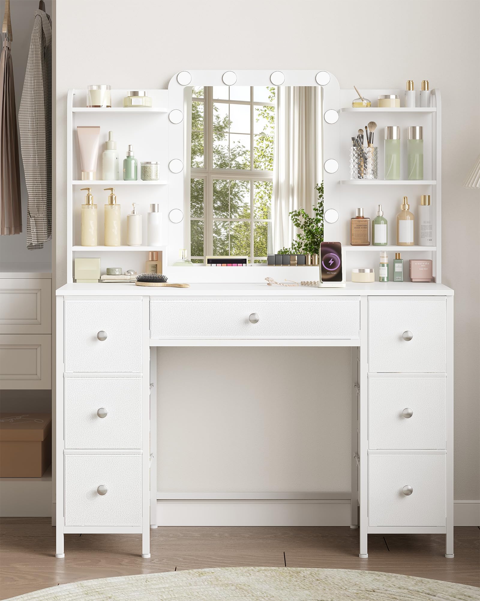 Hzuaneri Coiffeuse avec éClairage LED, Coiffeuse avec Grand Miroir HD, 7 Tiroirs et 6 éTagèRes de Rangement, Dressing de Chambre, Moderne Blanc DT42303XEU