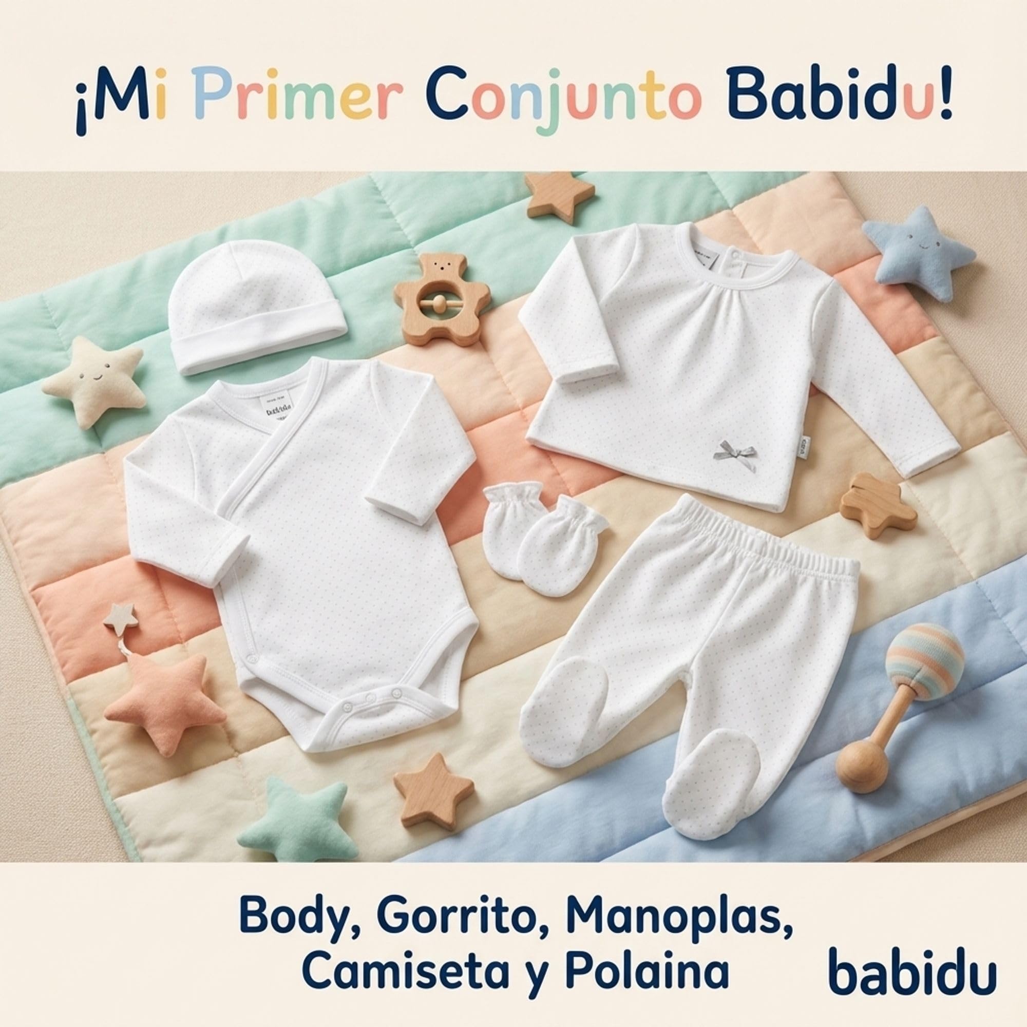 BABIDU | Set Bebé 5 Piezas 100% Algodón con Body, Gorro, Camiseta, Polaina y Manoplas, Ropa Suave para Recién Nacido Niño y Niña, Canastilla Regalo Bebé Primera Puesta Unisex