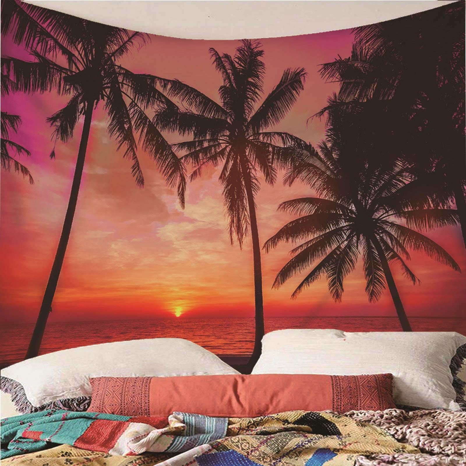 Aeici Tela Pared Playa, Tapiz Techo Tapiz Árbol de Coco de Sunset Beach- Naranja Negro, 300x260CM